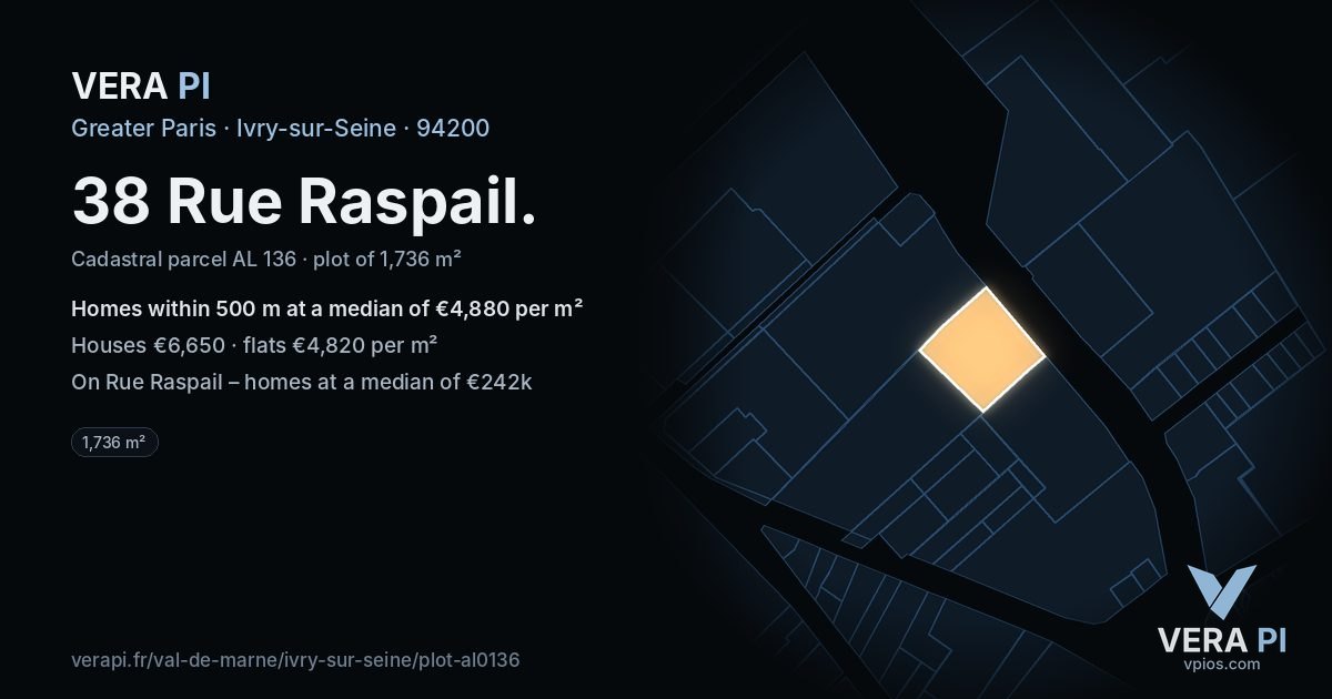 38 Rue Raspail, Ivry-sur-Seine at night – the plot lit, the parcels around coloured by the prices near them