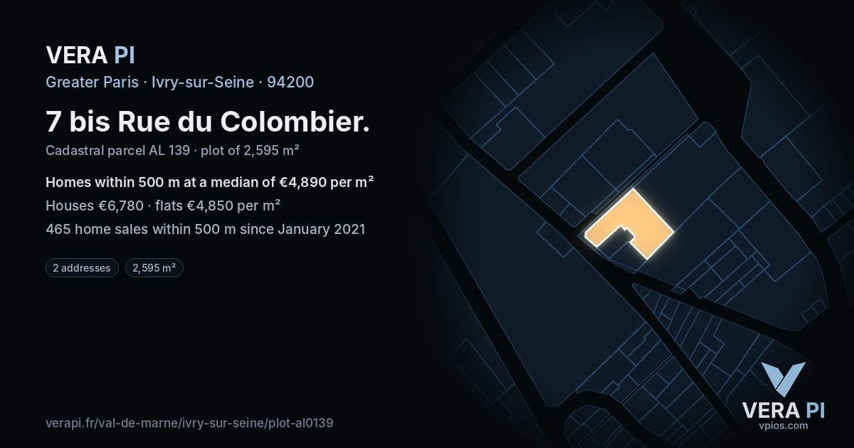 7 bis Rue du Colombier, Ivry-sur-Seine at night – the plot lit, the parcels around coloured by the prices near them