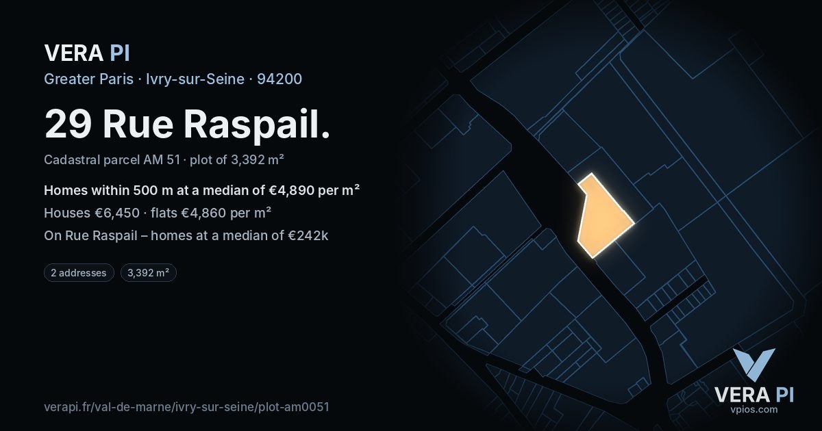 29 Rue Raspail, Ivry-sur-Seine at night – the plot lit, the parcels around coloured by the prices near them