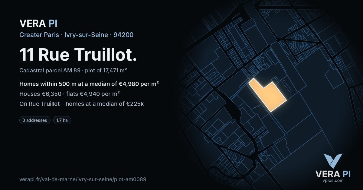 11 Rue Truillot, Ivry-sur-Seine at night – the plot lit, the parcels around coloured by the prices near them