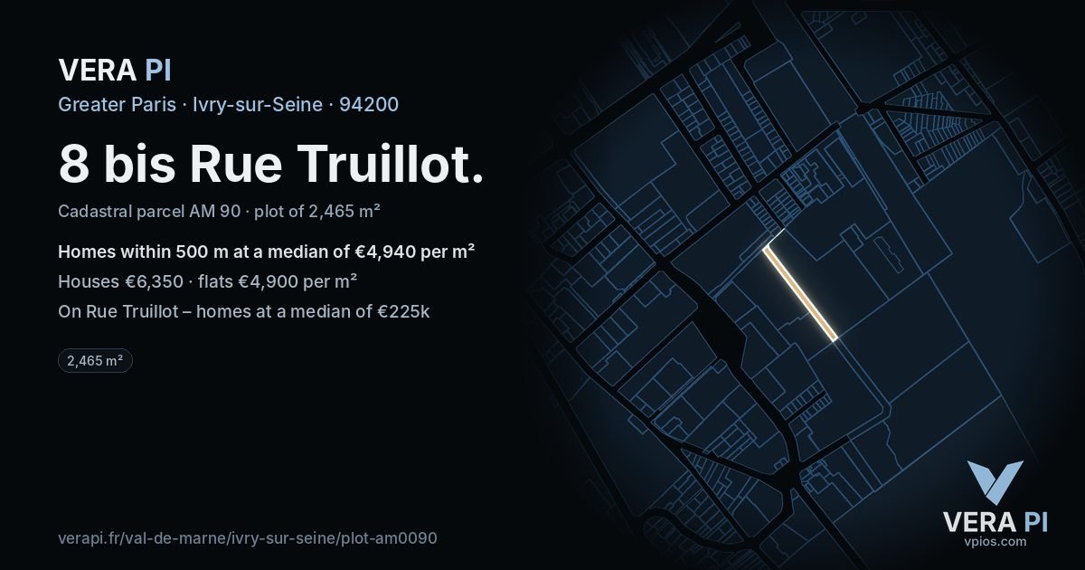 8 bis Rue Truillot, Ivry-sur-Seine at night – the plot lit, the parcels around coloured by the prices near them