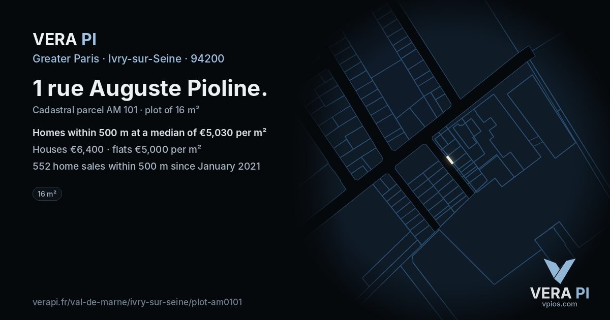 1 rue Auguste Pioline, Ivry-sur-Seine at night – the plot lit, the parcels around coloured by the prices near them