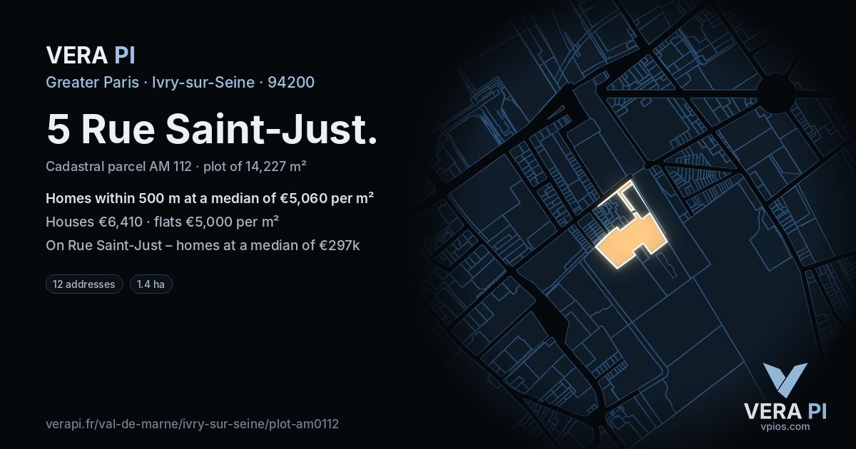 5 Rue Saint-Just, Ivry-sur-Seine at night – the plot lit, the parcels around coloured by the prices near them