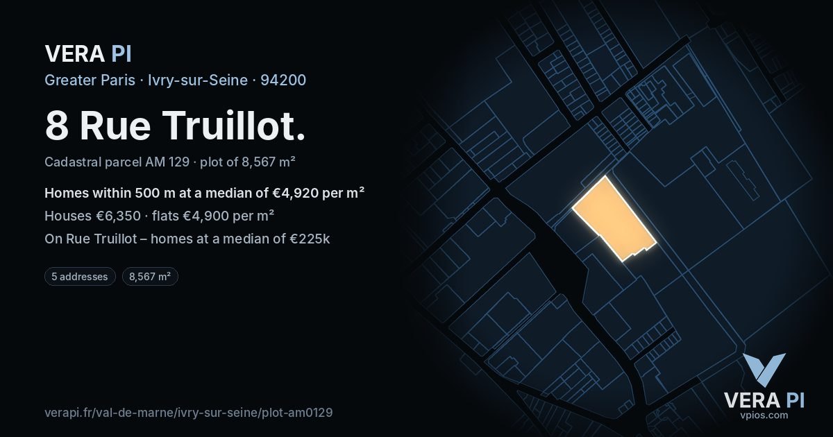 8 Rue Truillot, Ivry-sur-Seine at night – the plot lit, the parcels around coloured by the prices near them