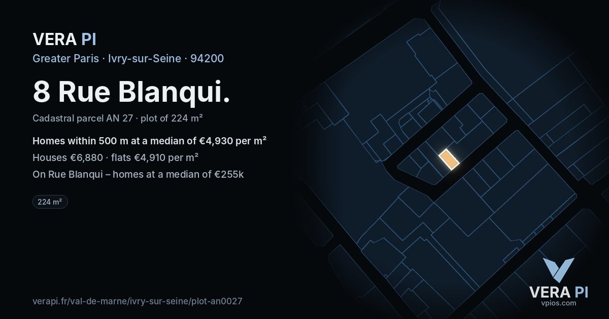 8 Rue Blanqui, Ivry-sur-Seine at night – the plot lit, the parcels around coloured by the prices near them