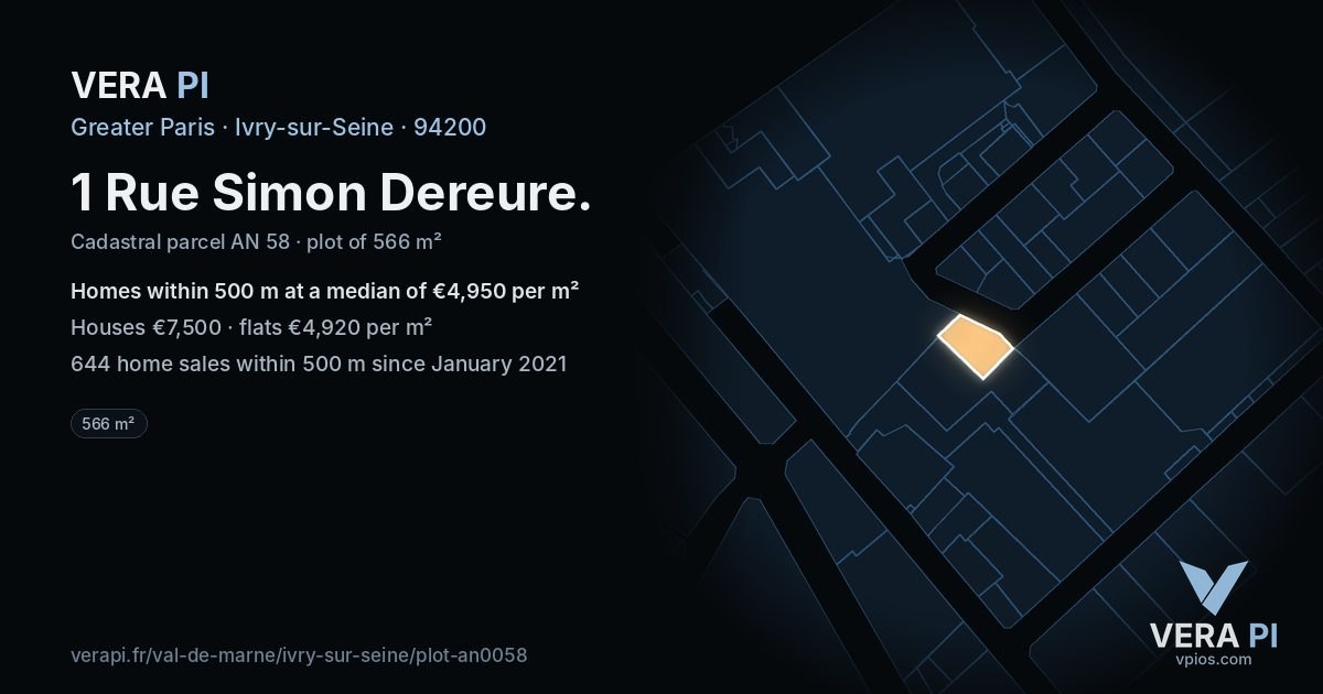 1 Rue Simon Dereure, Ivry-sur-Seine at night – the plot lit, the parcels around coloured by the prices near them