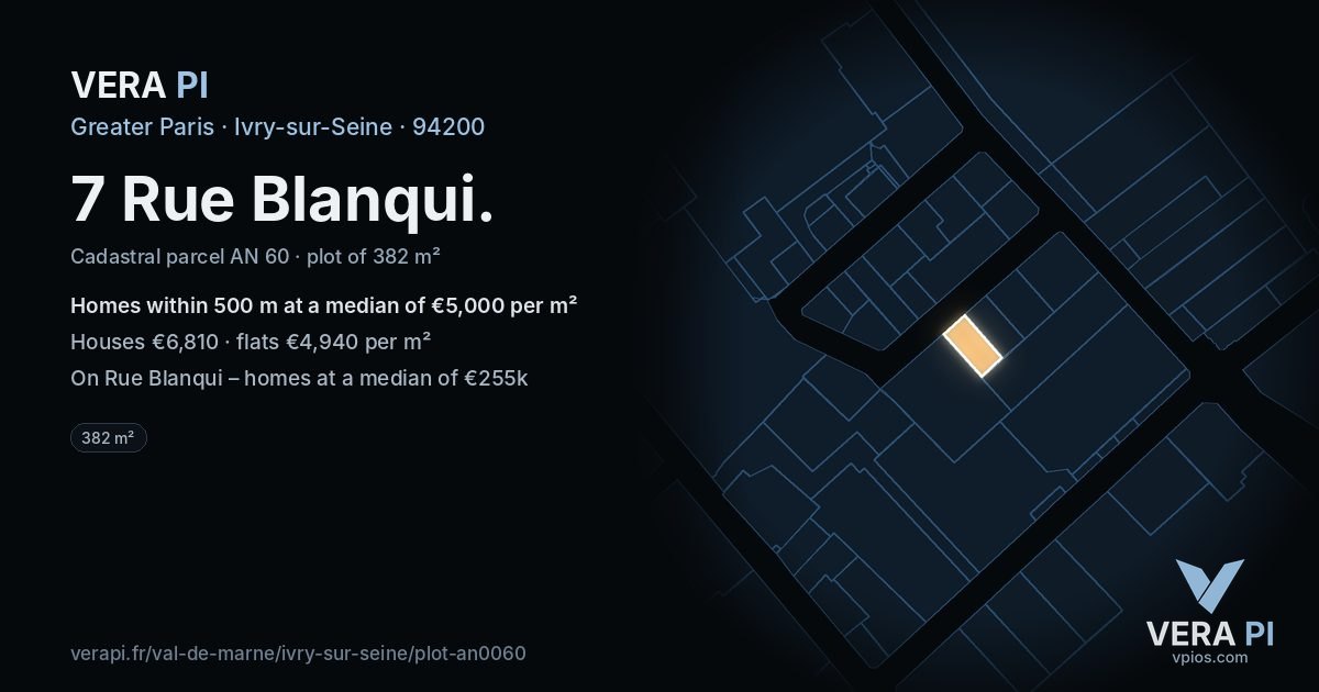 7 Rue Blanqui, Ivry-sur-Seine at night – the plot lit, the parcels around coloured by the prices near them