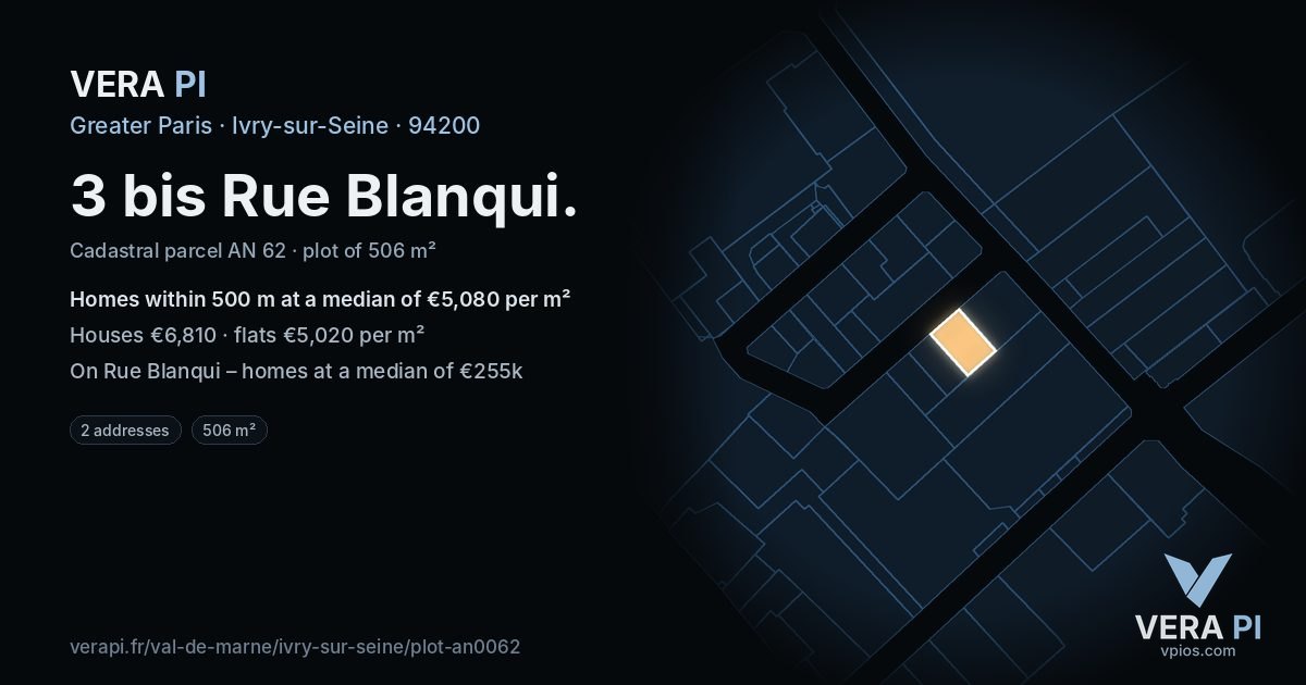 3 bis Rue Blanqui, Ivry-sur-Seine at night – the plot lit, the parcels around coloured by the prices near them