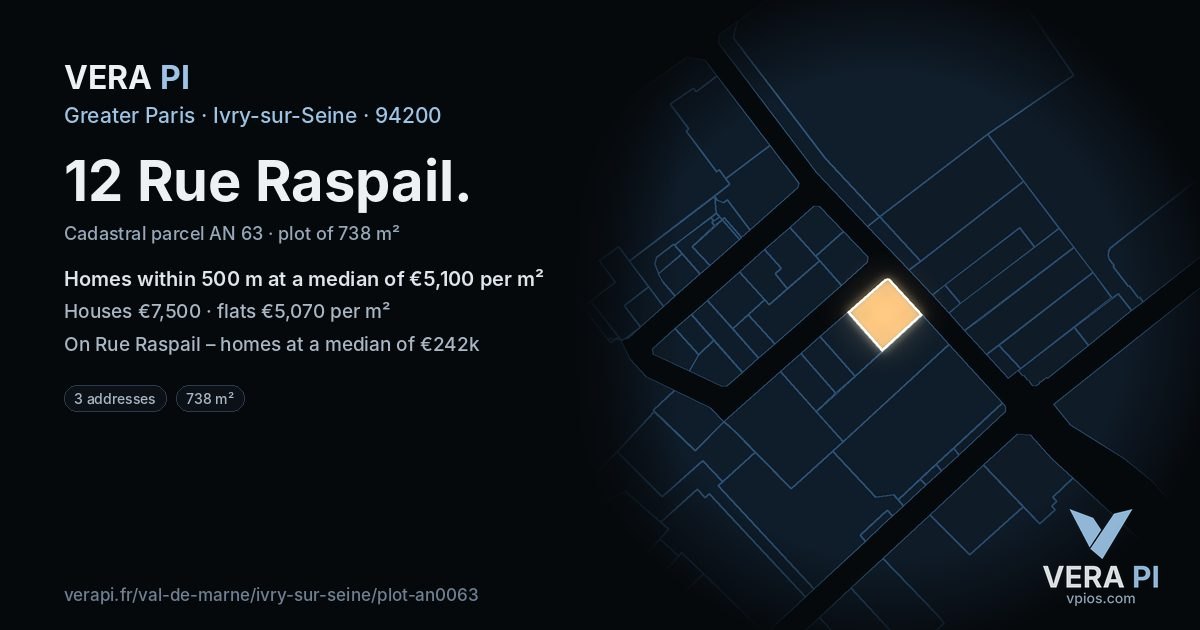 12 Rue Raspail, Ivry-sur-Seine at night – the plot lit, the parcels around coloured by the prices near them