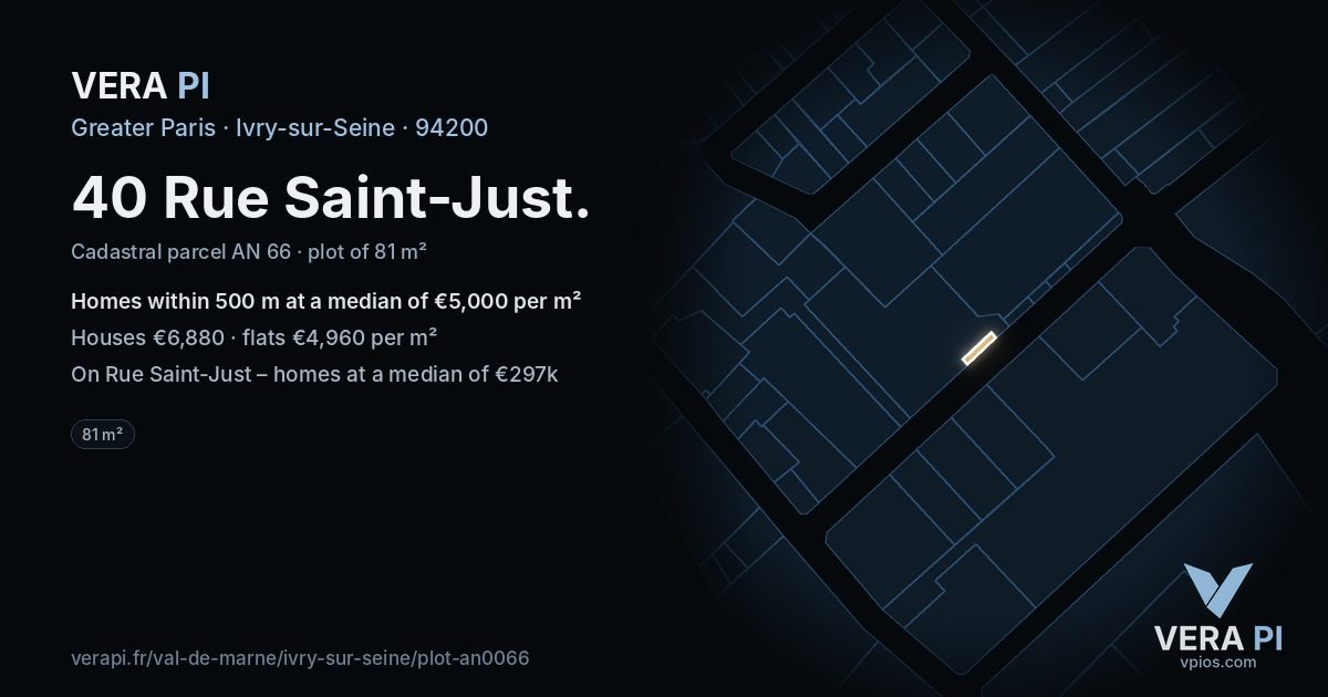 40 Rue Saint-Just, Ivry-sur-Seine at night – the plot lit, the parcels around coloured by the prices near them