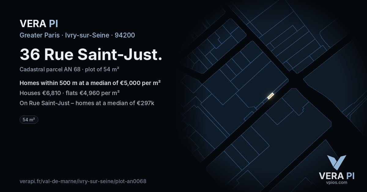 36 Rue Saint-Just, Ivry-sur-Seine at night – the plot lit, the parcels around coloured by the prices near them