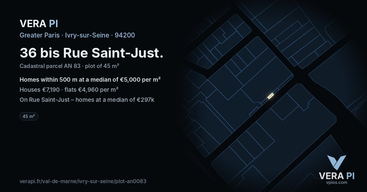 36 bis Rue Saint-Just, Ivry-sur-Seine at night – the plot lit, the parcels around coloured by the prices near them