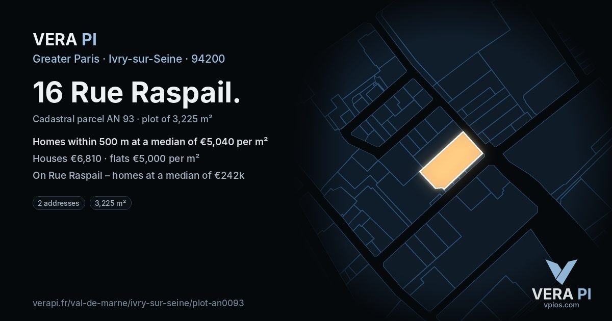 16 Rue Raspail, Ivry-sur-Seine at night – the plot lit, the parcels around coloured by the prices near them