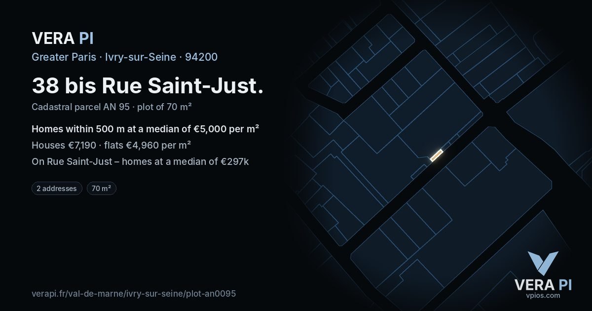 38 bis Rue Saint-Just, Ivry-sur-Seine at night – the plot lit, the parcels around coloured by the prices near them