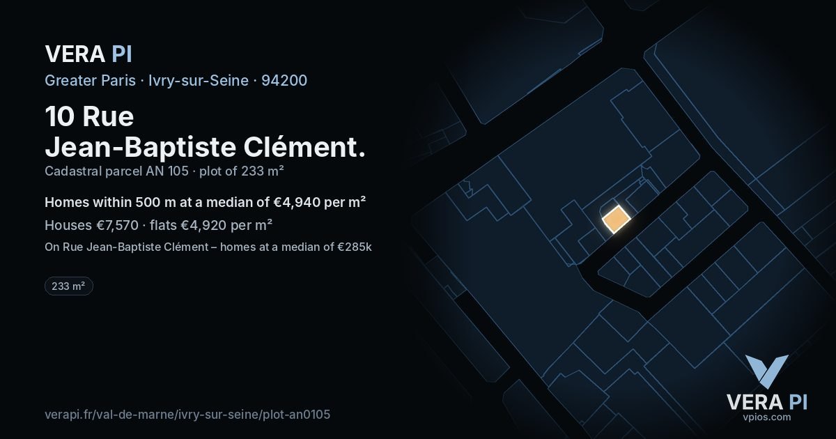 10 Rue Jean-Baptiste Clément, Ivry-sur-Seine at night – the plot lit, the parcels around coloured by the prices near them
