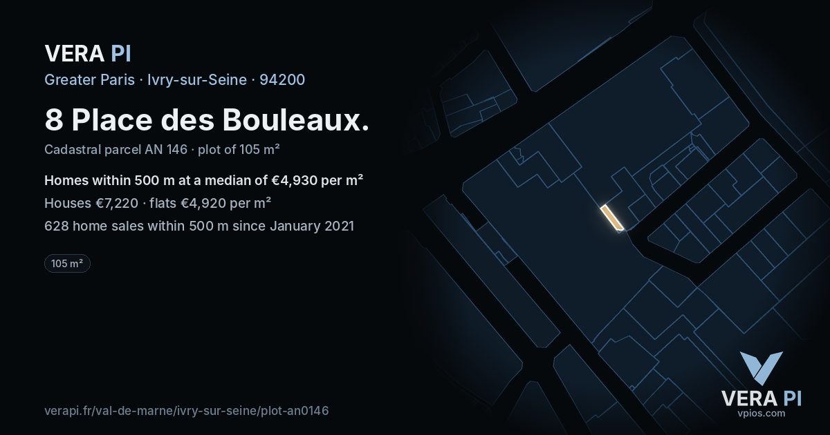 8 Place des Bouleaux, Ivry-sur-Seine at night – the plot lit, the parcels around coloured by the prices near them