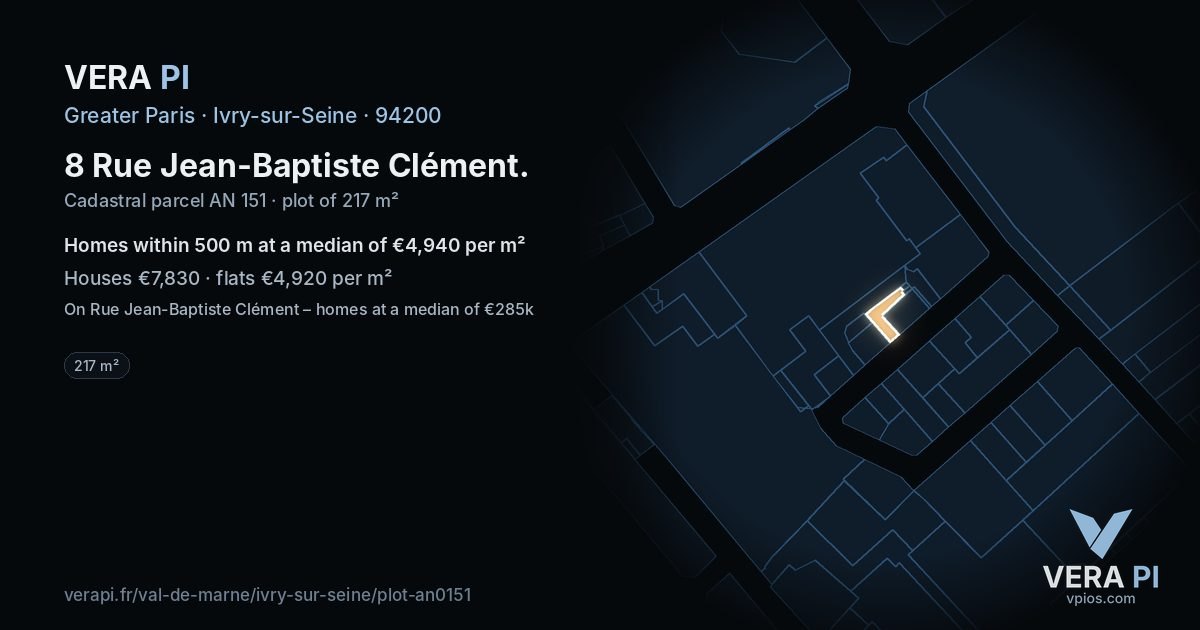 8 Rue Jean-Baptiste Clément, Ivry-sur-Seine at night – the plot lit, the parcels around coloured by the prices near them