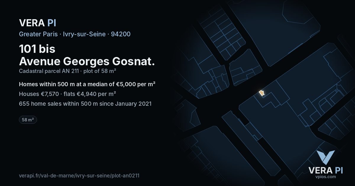 101 bis Avenue Georges Gosnat, Ivry-sur-Seine at night – the plot lit, the parcels around coloured by the prices near them