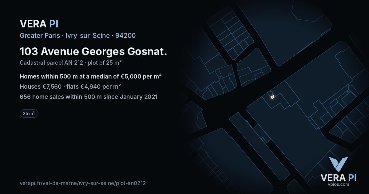 103 Avenue Georges Gosnat, Ivry-sur-Seine at night – the plot lit, the parcels around coloured by the prices near them