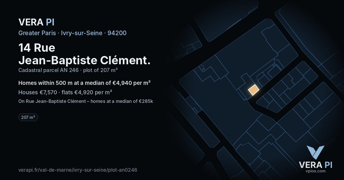 14 Rue Jean-Baptiste Clément, Ivry-sur-Seine at night – the plot lit, the parcels around coloured by the prices near them