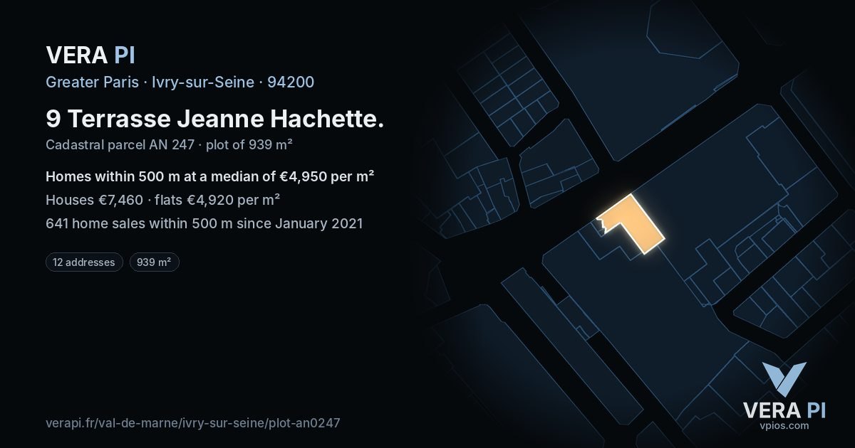 9 Terrasse Jeanne Hachette, Ivry-sur-Seine at night – the plot lit, the parcels around coloured by the prices near them