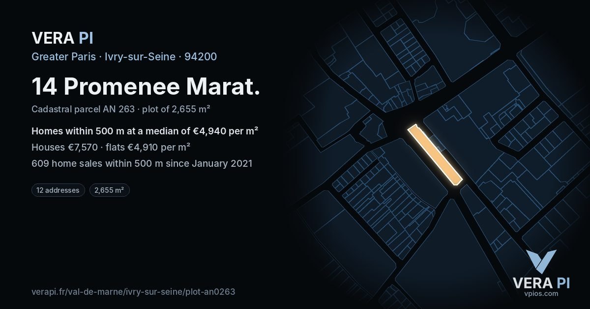 14 Promenee Marat, Ivry-sur-Seine at night – the plot lit, the parcels around coloured by the prices near them