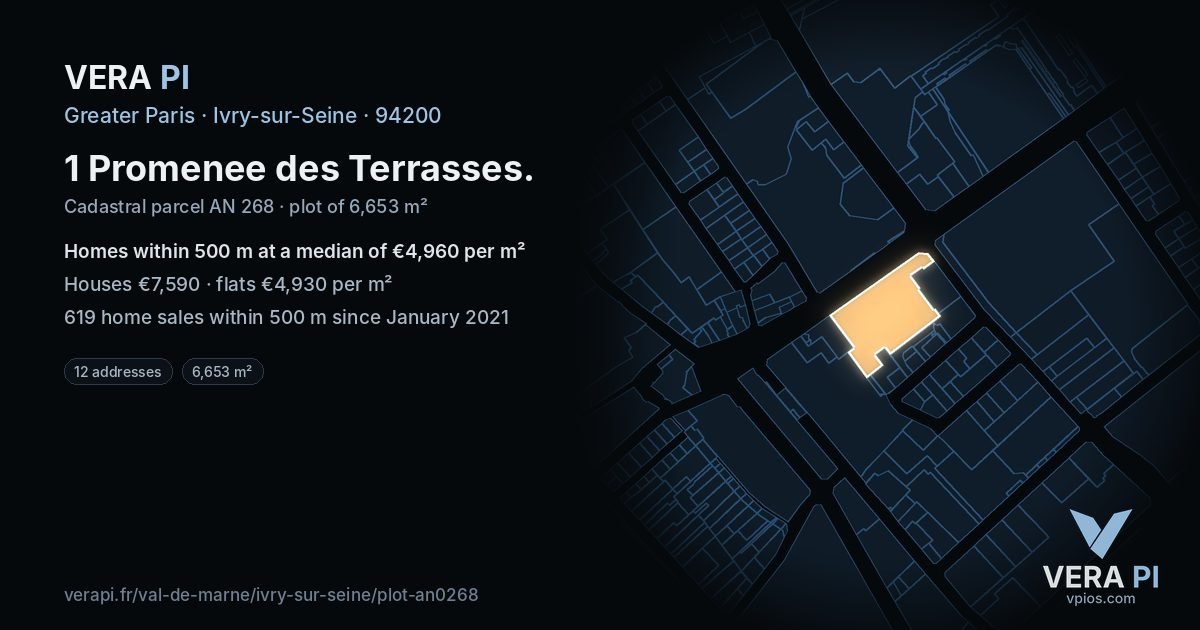 1 Promenee des Terrasses, Ivry-sur-Seine at night – the plot lit, the parcels around coloured by the prices near them