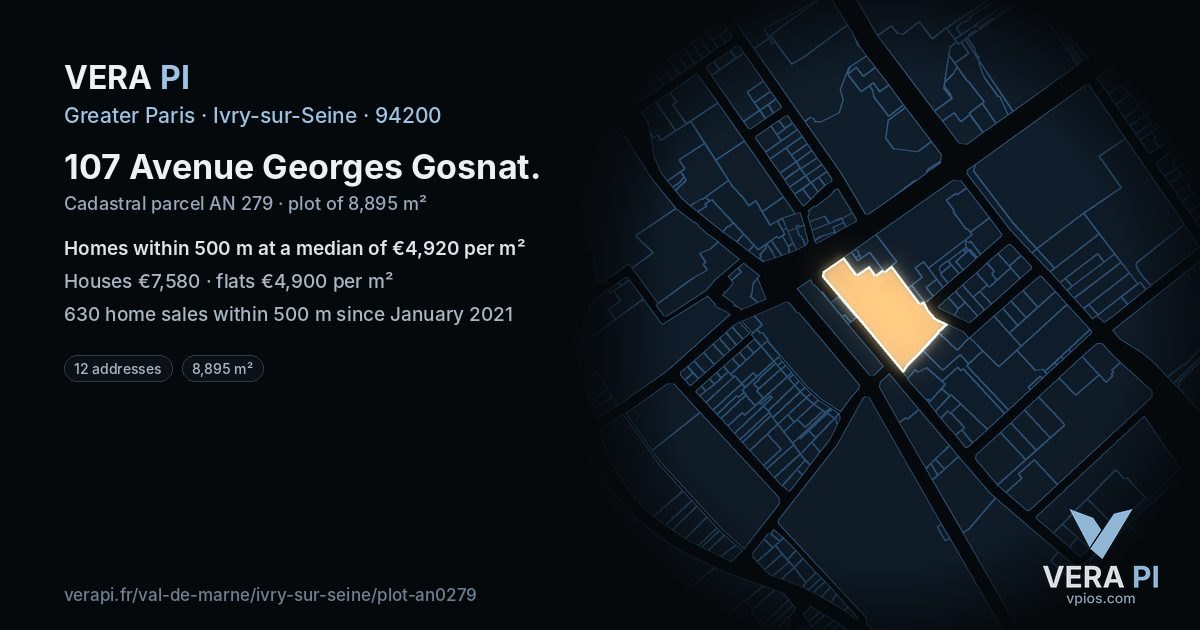 107 Avenue Georges Gosnat, Ivry-sur-Seine at night – the plot lit, the parcels around coloured by the prices near them