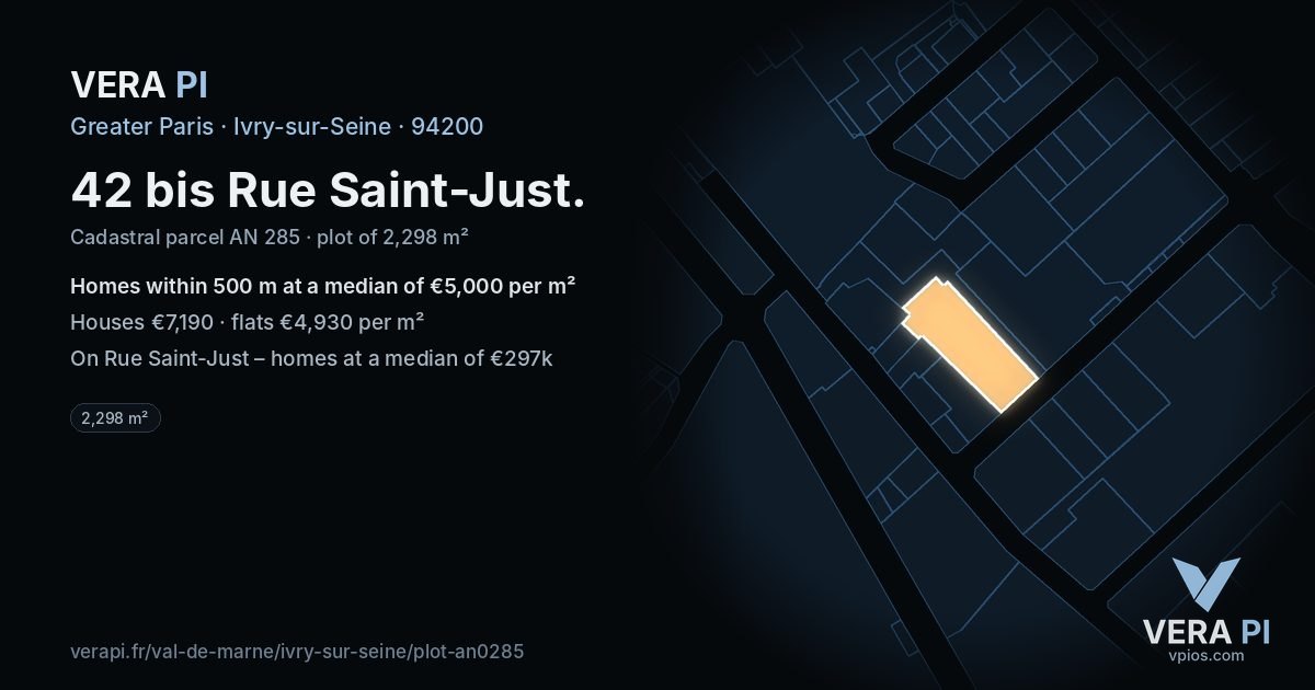 42 bis Rue Saint-Just, Ivry-sur-Seine at night – the plot lit, the parcels around coloured by the prices near them