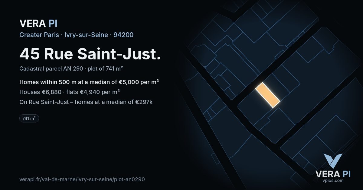 45 Rue Saint-Just, Ivry-sur-Seine at night – the plot lit, the parcels around coloured by the prices near them
