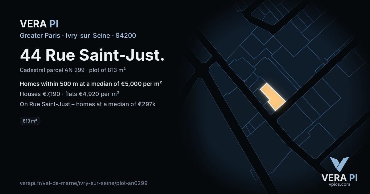 44 Rue Saint-Just, Ivry-sur-Seine at night – the plot lit, the parcels around coloured by the prices near them