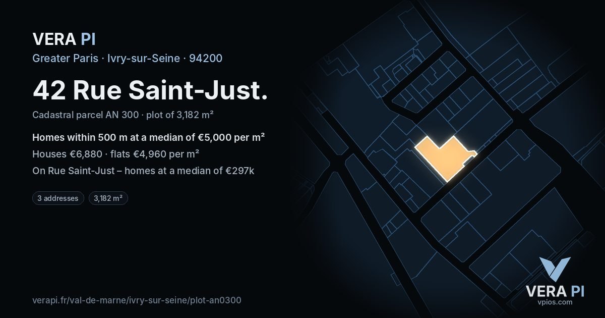 42 Rue Saint-Just, Ivry-sur-Seine at night – the plot lit, the parcels around coloured by the prices near them