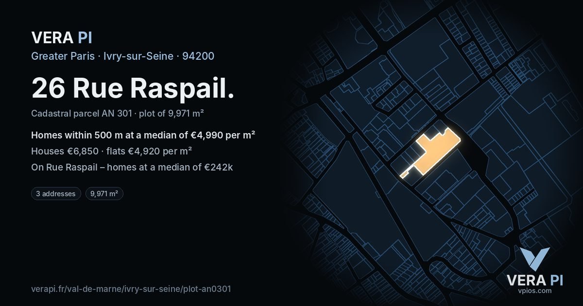 26 Rue Raspail, Ivry-sur-Seine at night – the plot lit, the parcels around coloured by the prices near them