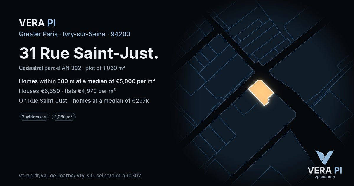 31 Rue Saint-Just, Ivry-sur-Seine at night – the plot lit, the parcels around coloured by the prices near them