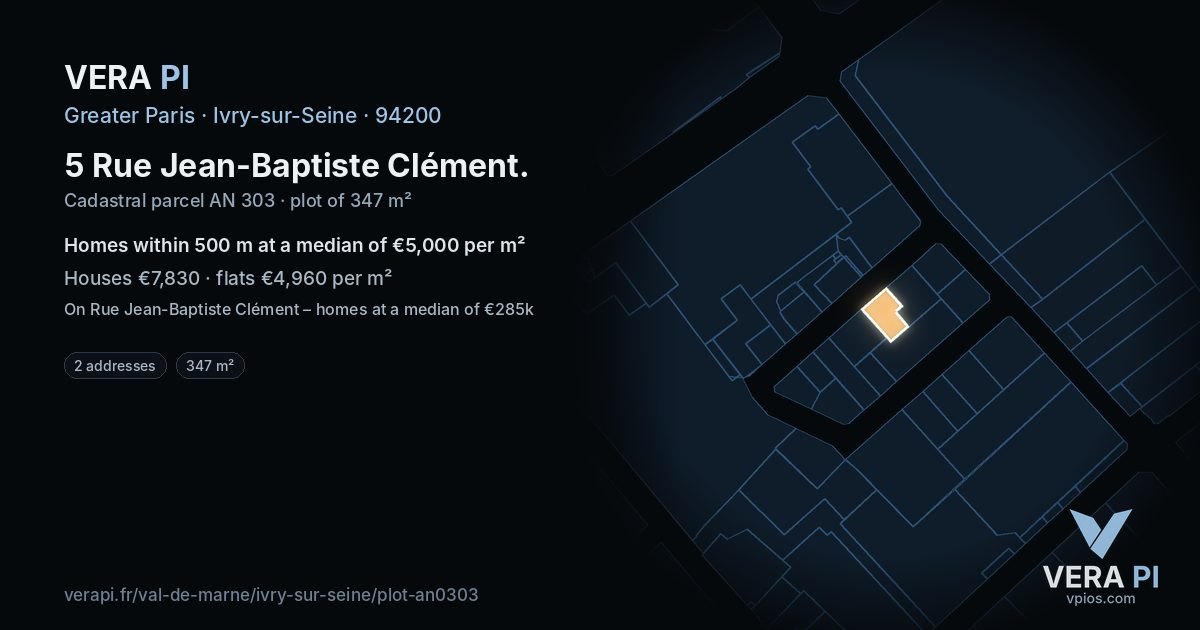 5 Rue Jean-Baptiste Clément, Ivry-sur-Seine at night – the plot lit, the parcels around coloured by the prices near them