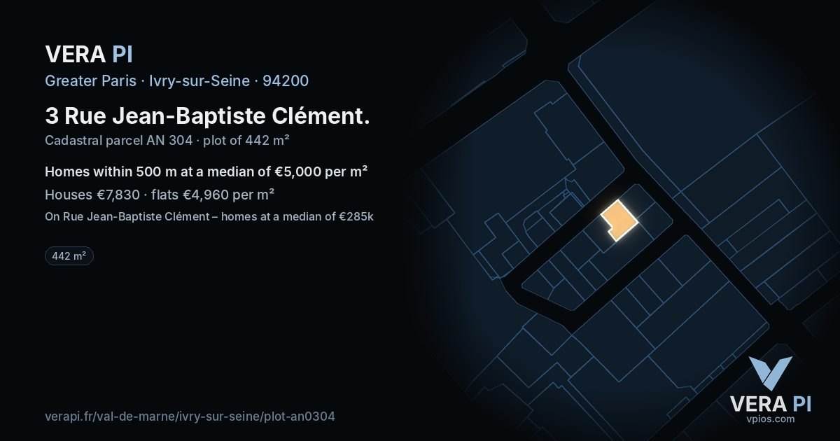 3 Rue Jean-Baptiste Clément, Ivry-sur-Seine at night – the plot lit, the parcels around coloured by the prices near them