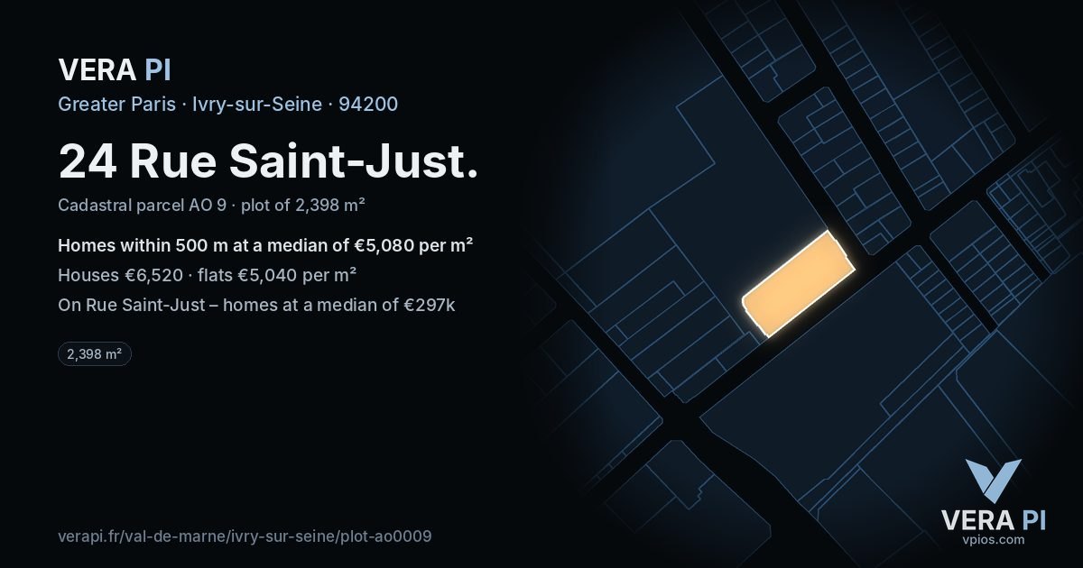 24 Rue Saint-Just, Ivry-sur-Seine at night – the plot lit, the parcels around coloured by the prices near them