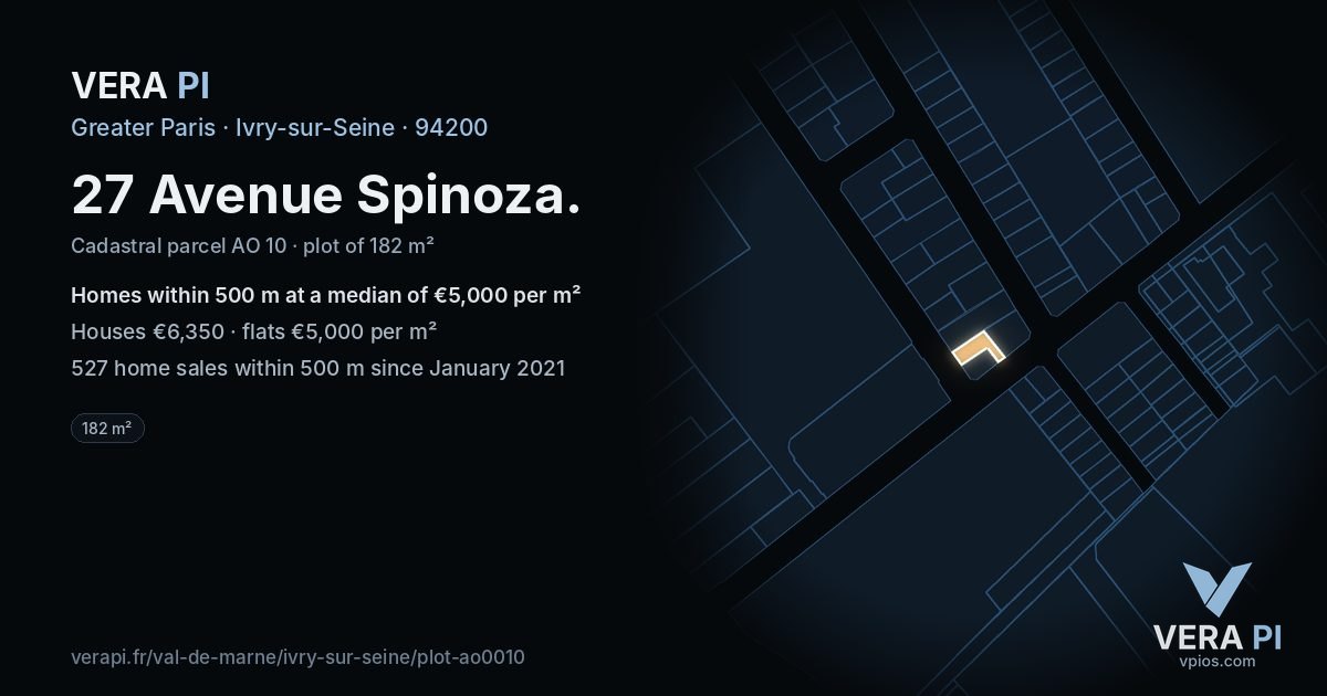 27 Avenue Spinoza, Ivry-sur-Seine at night – the plot lit, the parcels around coloured by the prices near them