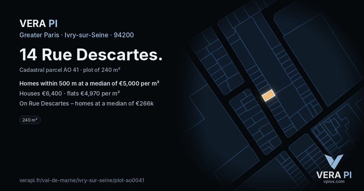 14 Rue Descartes, Ivry-sur-Seine at night – the plot lit, the parcels around coloured by the prices near them