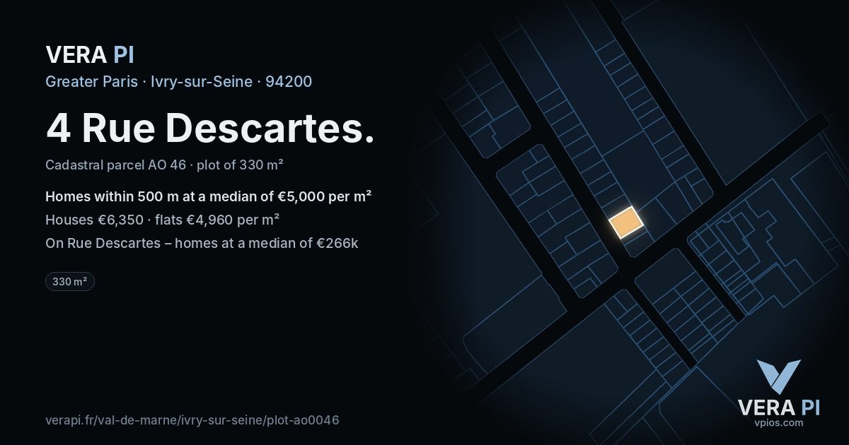 4 Rue Descartes, Ivry-sur-Seine at night – the plot lit, the parcels around coloured by the prices near them