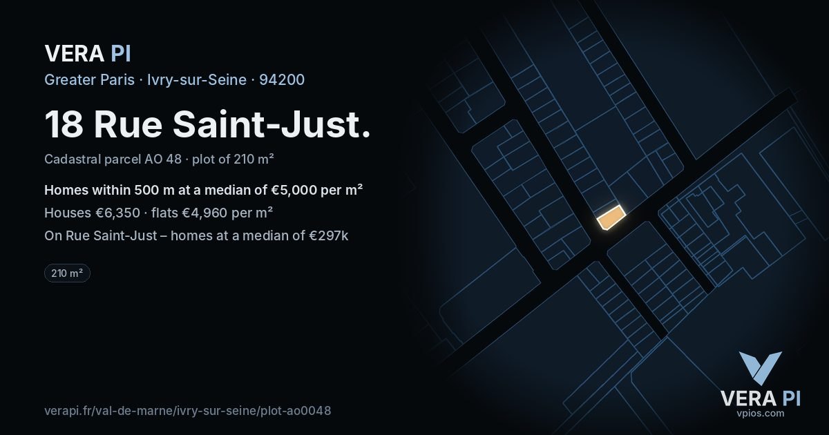 18 Rue Saint-Just, Ivry-sur-Seine at night – the plot lit, the parcels around coloured by the prices near them