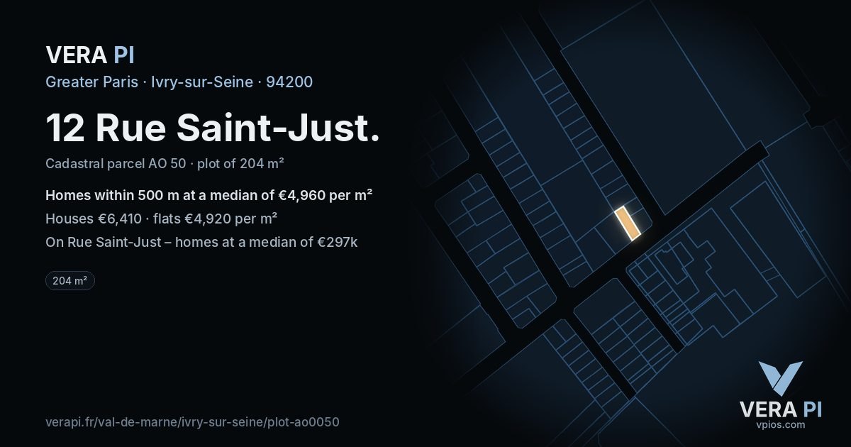 12 Rue Saint-Just, Ivry-sur-Seine at night – the plot lit, the parcels around coloured by the prices near them