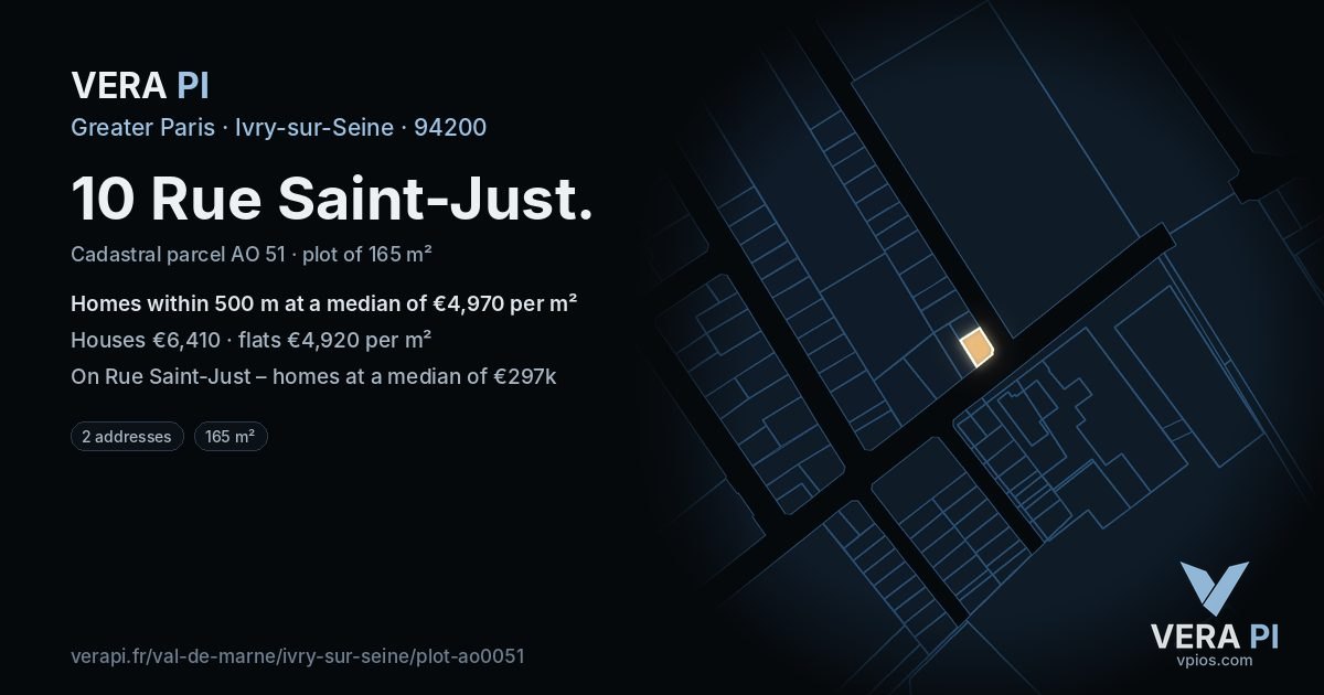 10 Rue Saint-Just, Ivry-sur-Seine at night – the plot lit, the parcels around coloured by the prices near them