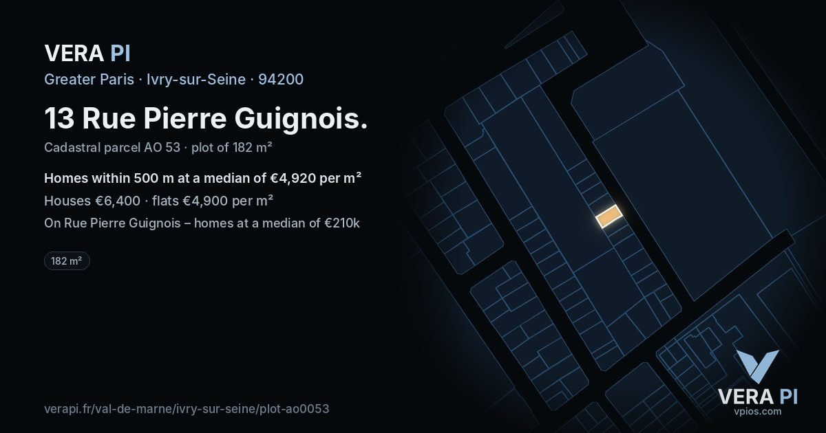 13 Rue Pierre Guignois, Ivry-sur-Seine at night – the plot lit, the parcels around coloured by the prices near them