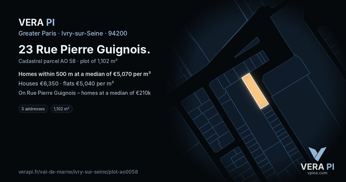 23 Rue Pierre Guignois, Ivry-sur-Seine at night – the plot lit, the parcels around coloured by the prices near them