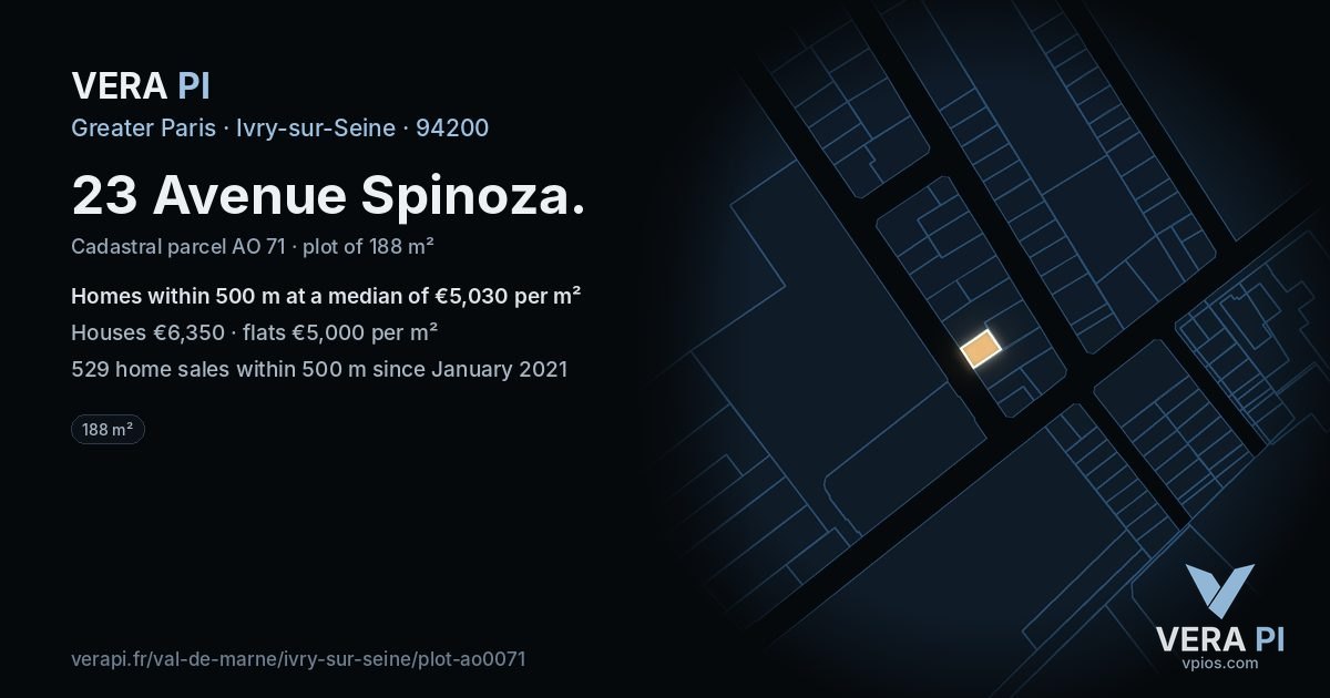 23 Avenue Spinoza, Ivry-sur-Seine at night – the plot lit, the parcels around coloured by the prices near them