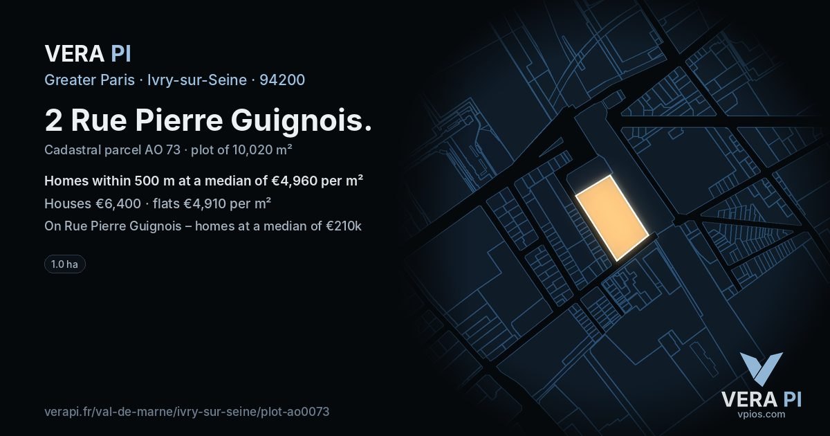 2 Rue Pierre Guignois, Ivry-sur-Seine at night – the plot lit, the parcels around coloured by the prices near them
