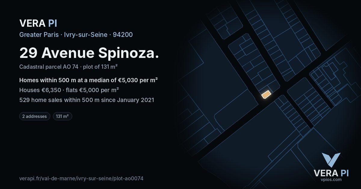 29 Avenue Spinoza, Ivry-sur-Seine at night – the plot lit, the parcels around coloured by the prices near them