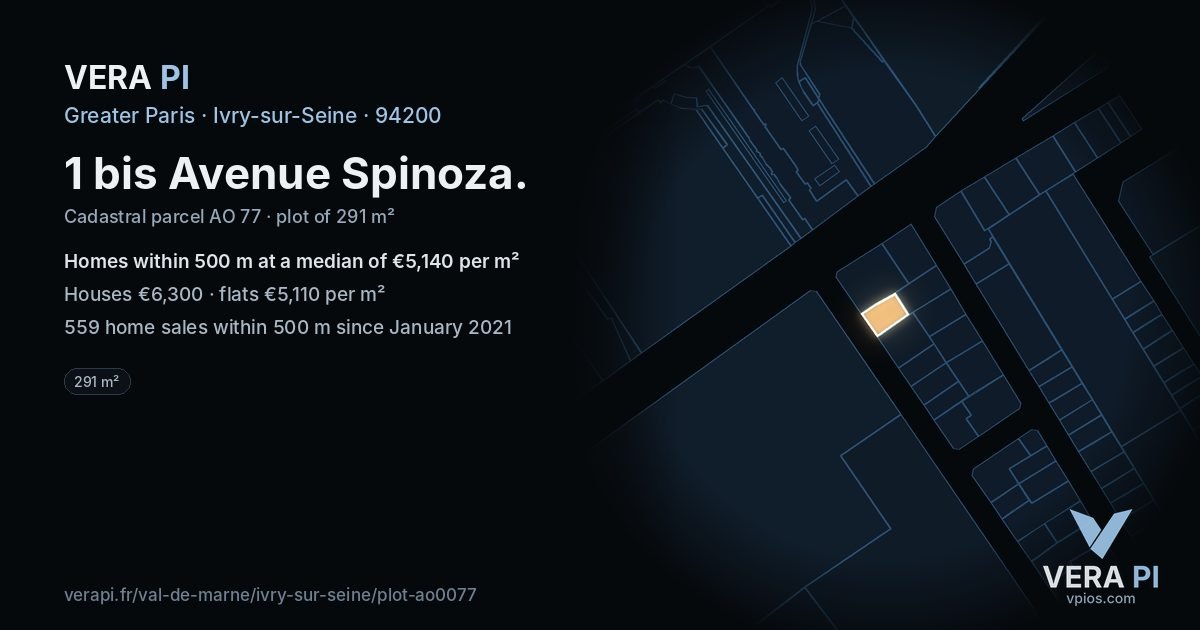 1 bis Avenue Spinoza, Ivry-sur-Seine at night – the plot lit, the parcels around coloured by the prices near them