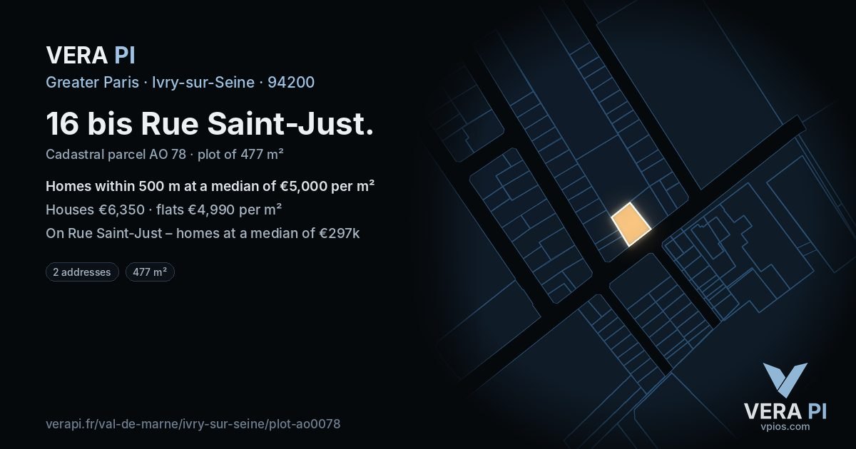 16 bis Rue Saint-Just, Ivry-sur-Seine at night – the plot lit, the parcels around coloured by the prices near them